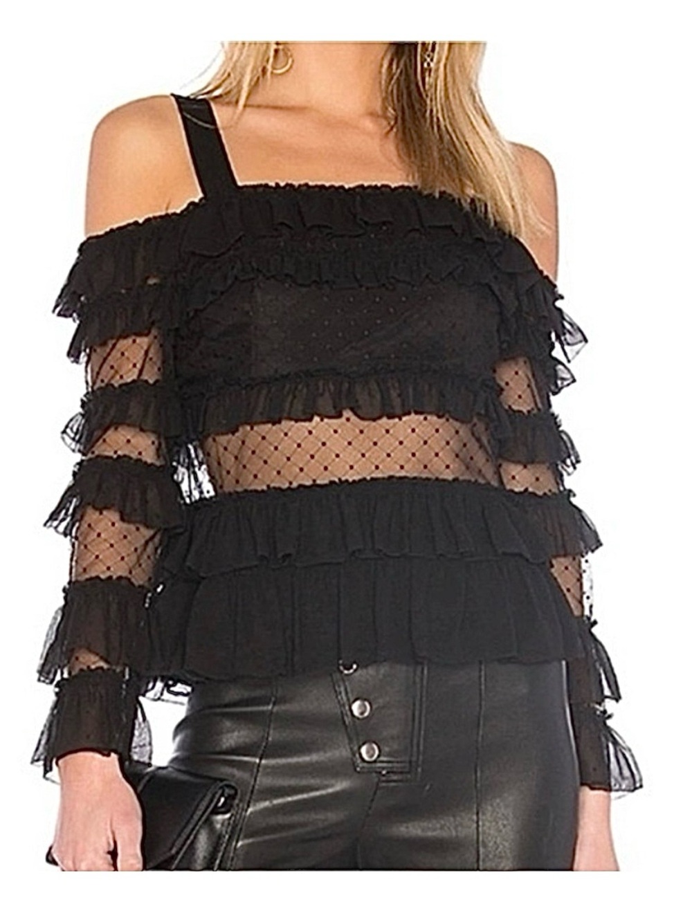 Alexis Karissa Black Sheer Ruffle Off-Shoulder Blouse